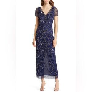 Pisarro Nights Beaded Mesh Column Dress in Sapphire
